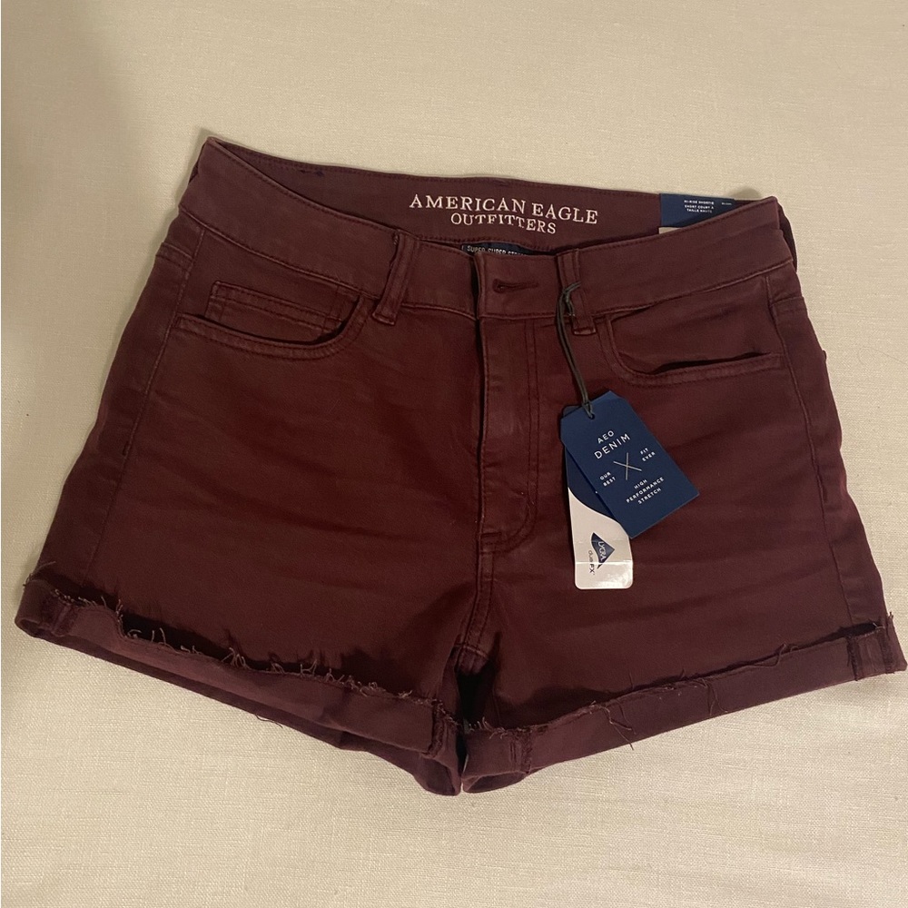 NWT American Eagle Super Super Stretch Hi Rise Shortie Size 6. Color: Maroon